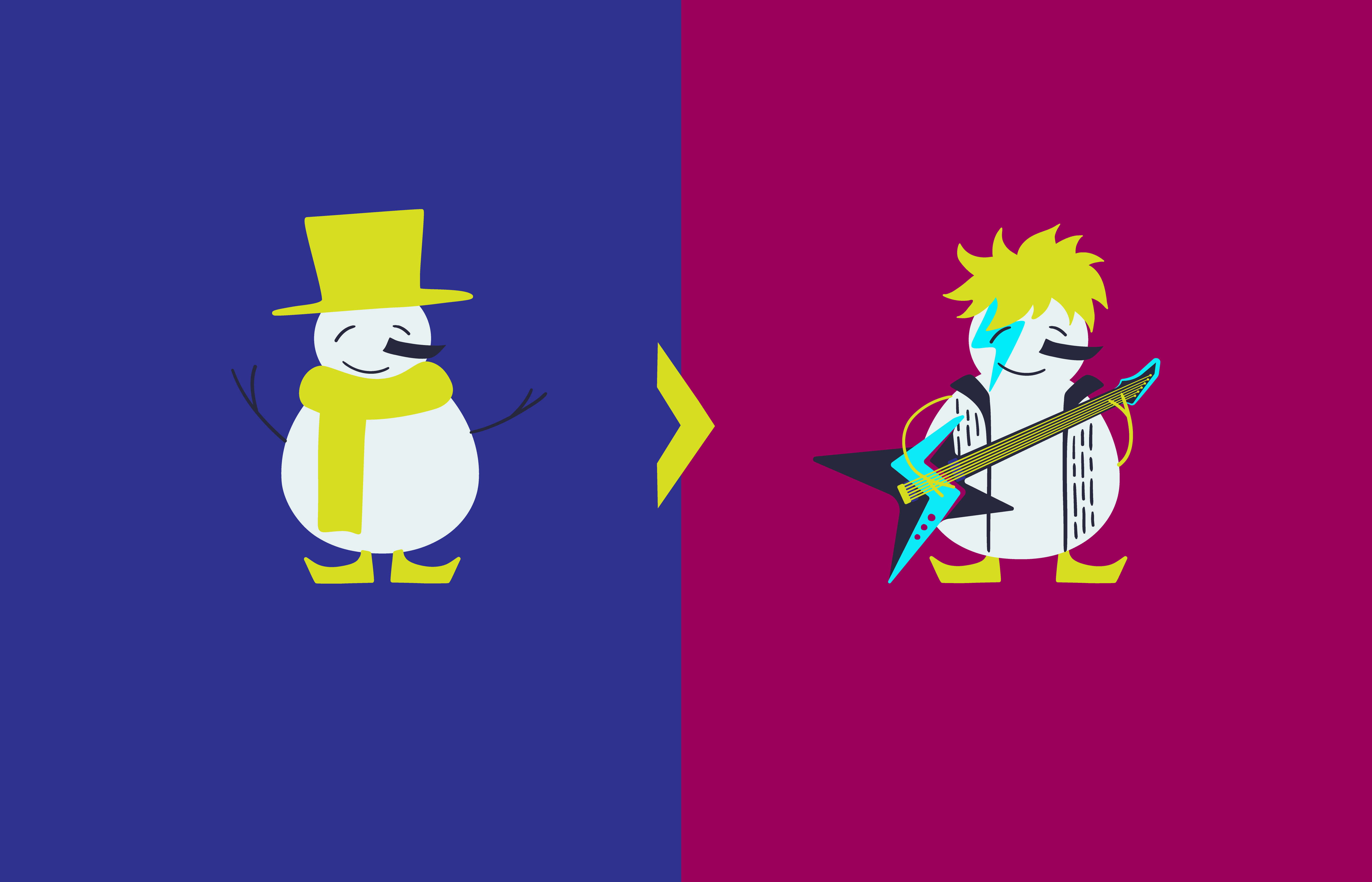 A before-and-after illustration of Frosty: a yellow top hat and scarf become messy yellow hair, bright blue lightning bolt makeup, a white jacket, and an electric guitar