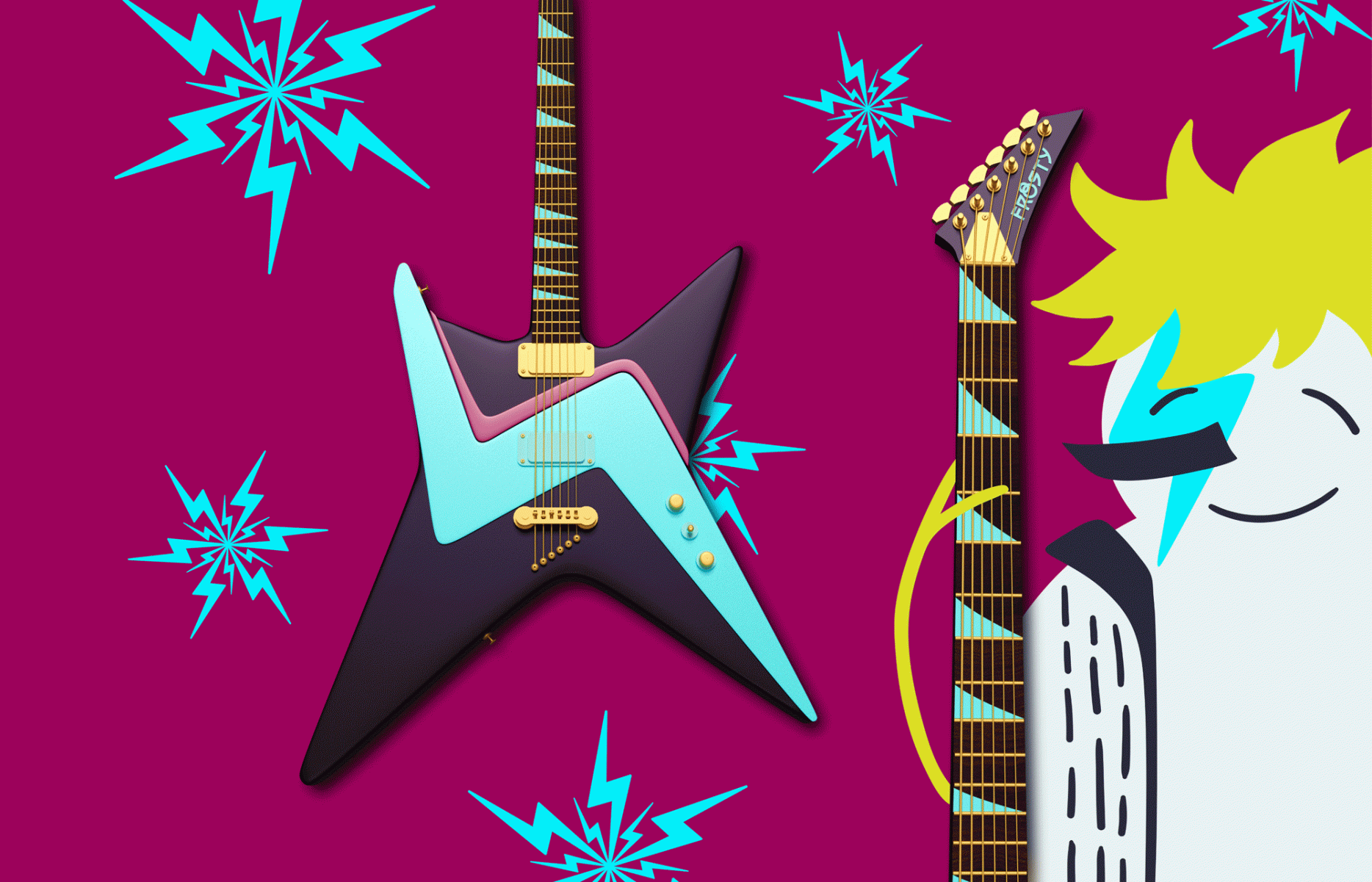 An animation with mockups of a branded drum kit and electric guitar for Frosty and his band