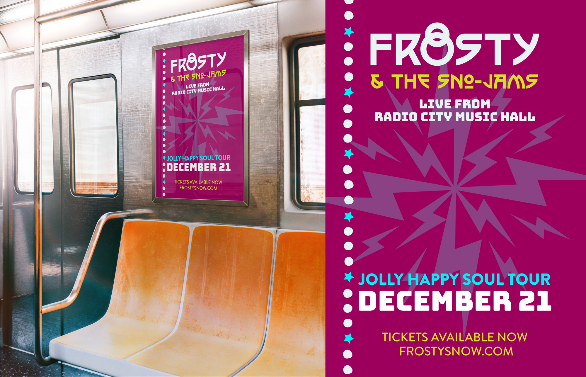 A deep magenta-colored poster advertising a Frosty and the Sno-Jams concert at Radio City Music Hall on December 21st is shown both in an NYC subway car and on its own