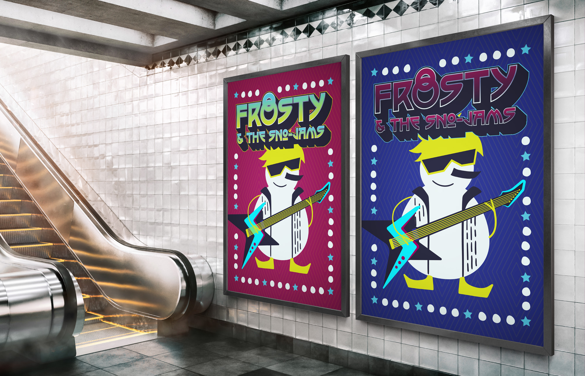 Two posters on the wall in a subway station, one red and one blue, show rockstar Frosty wearing yellow sunglasses; the Frosty and the Sno-Jams logo sits above him
