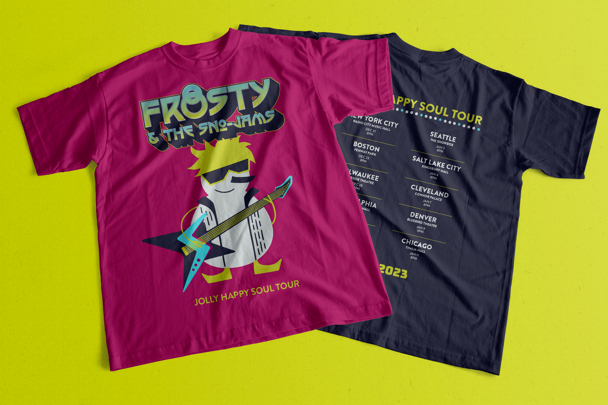 An animation of red, blue, and black t-shirts with designs for Frosty's Jolly Happy Soul tour
